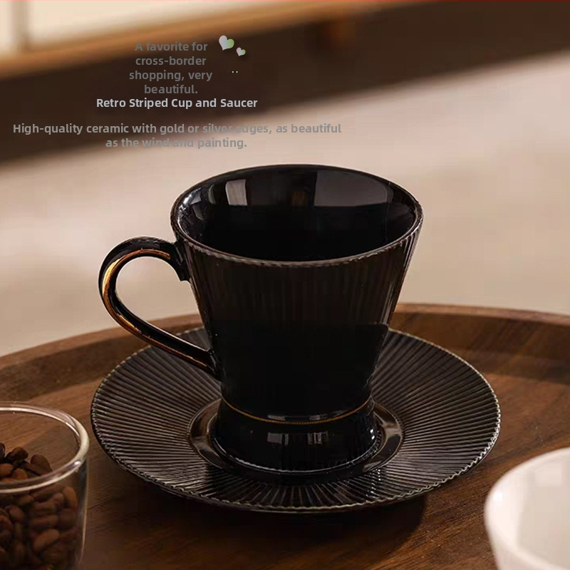 Set cafea cu ceașcă și farfurioară în dungi negre și albe, stil retro, ceramică nordică, unisex, pentru ceaiul de după-amiază și gustări