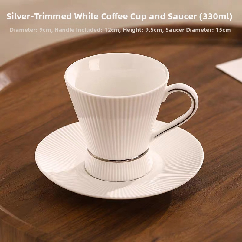 Set cafea cu ceașcă și farfurioară în dungi negre și albe, stil retro, ceramică nordică, unisex, pentru ceaiul de după-amiază și gustări