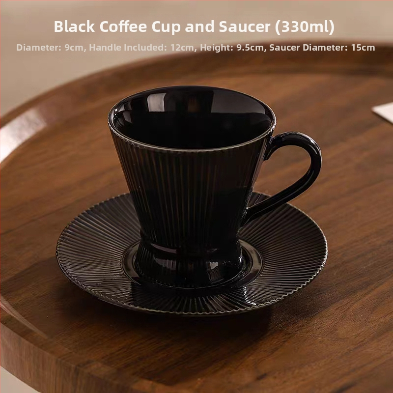 Set cafea cu ceașcă și farfurioară în dungi negre și albe, stil retro, ceramică nordică, unisex, pentru ceaiul de după-amiază și gustări