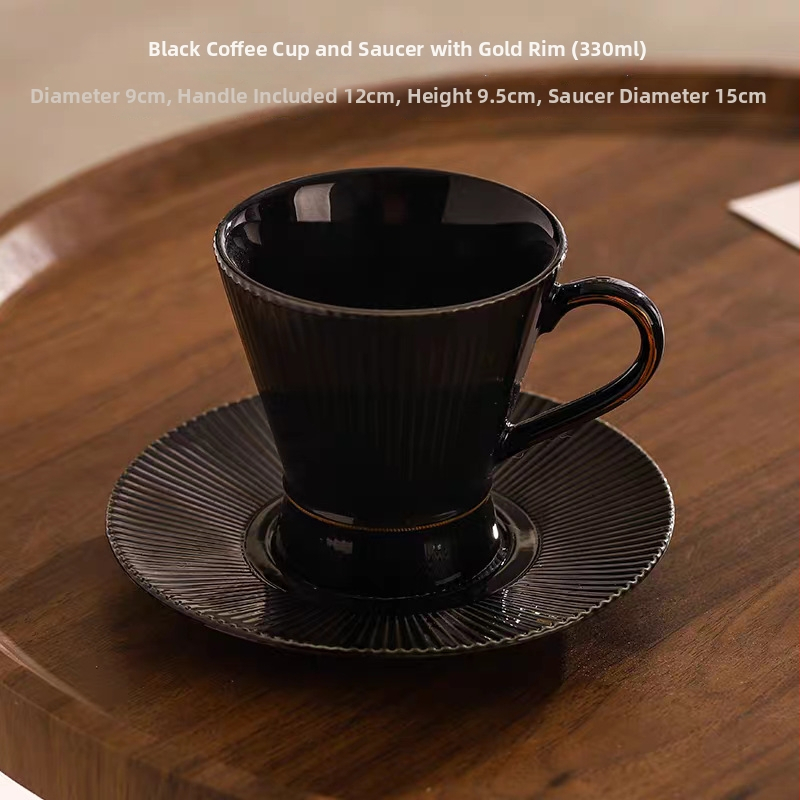Set cafea cu ceașcă și farfurioară în dungi negre și albe, stil retro, ceramică nordică, unisex, pentru ceaiul de după-amiază și gustări