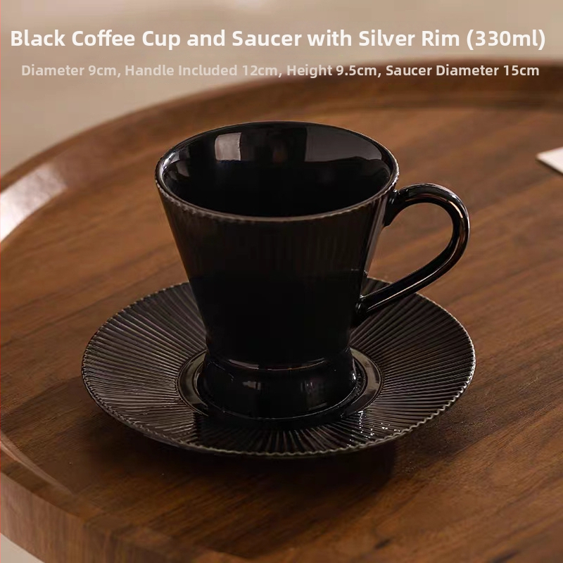 Set cafea cu ceașcă și farfurioară în dungi negre și albe, stil retro, ceramică nordică, unisex, pentru ceaiul de după-amiază și gustări