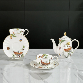 Set de cafea din porțelan cu os, 1 oală și 2 căni, stil european, pentru cafea după-amiaza, personalizare logo disponibil
