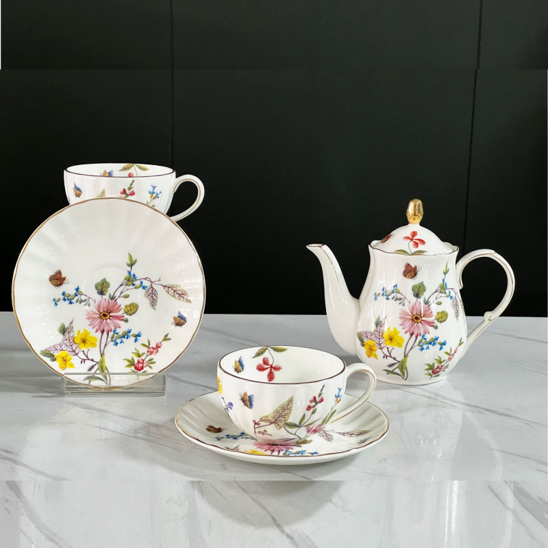 Set de cafea din porțelan cu os, 1 oală și 2 căni, stil european, pentru cafea după-amiaza, personalizare logo disponibil
