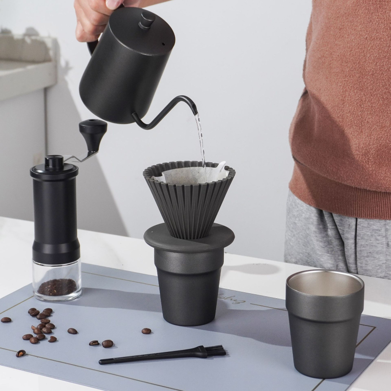 Set cafea pentru filtru manual, model nou de 26 de ani, cutie de călătorie portabilă pentru exterior, oțel inoxidabil, 9 piese