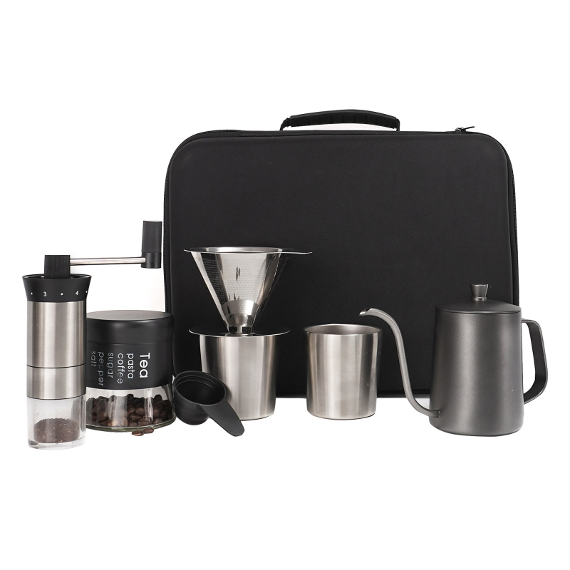 Set cafea pentru filtru manual, model nou de 26 de ani, cutie de călătorie portabilă pentru exterior, oțel inoxidabil, 9 piese