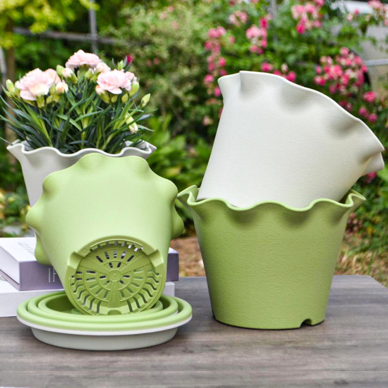 Ghiveci din rășină cu margine ondulată în stil frunză de lotus, pentru interior și balcon, design elegant