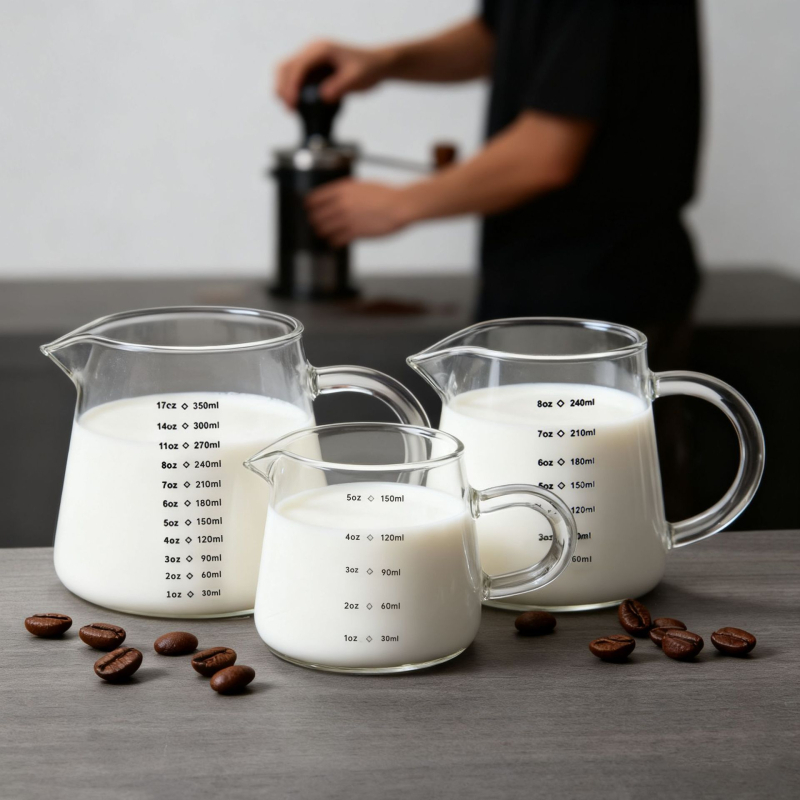 Vas pour-over pentru împărțirea cafelei, cu ceașcă de lapte din sticlă rezistentă la căldură și scară de măsurare