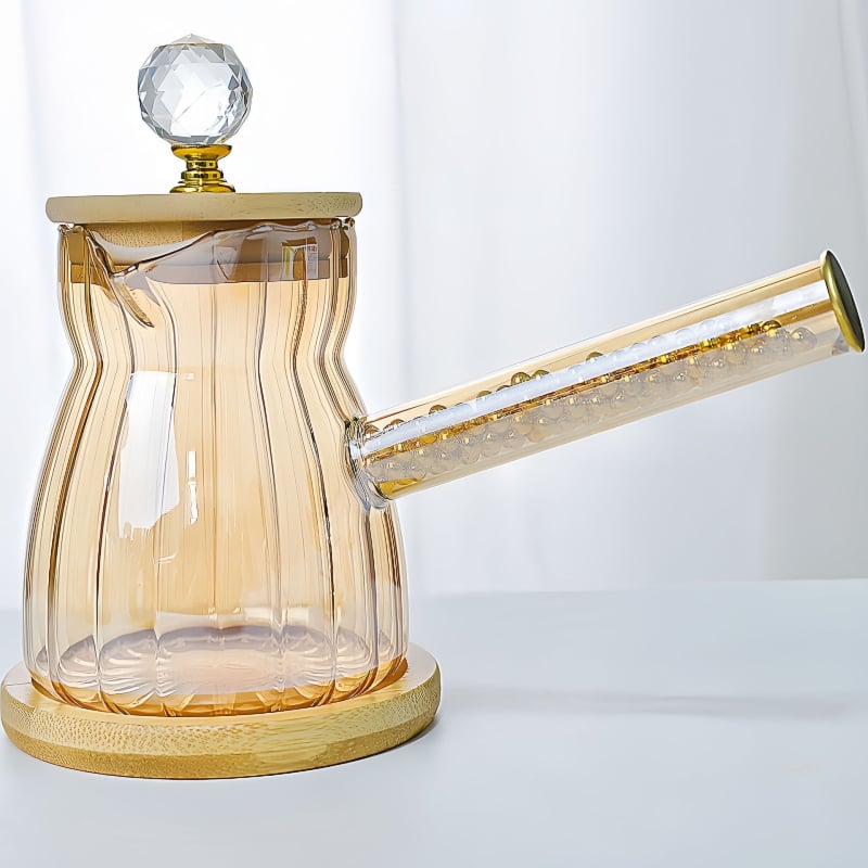 Sticlă borosilicată pentru cafea la filtru, cu mâner lateral și capac din bambus