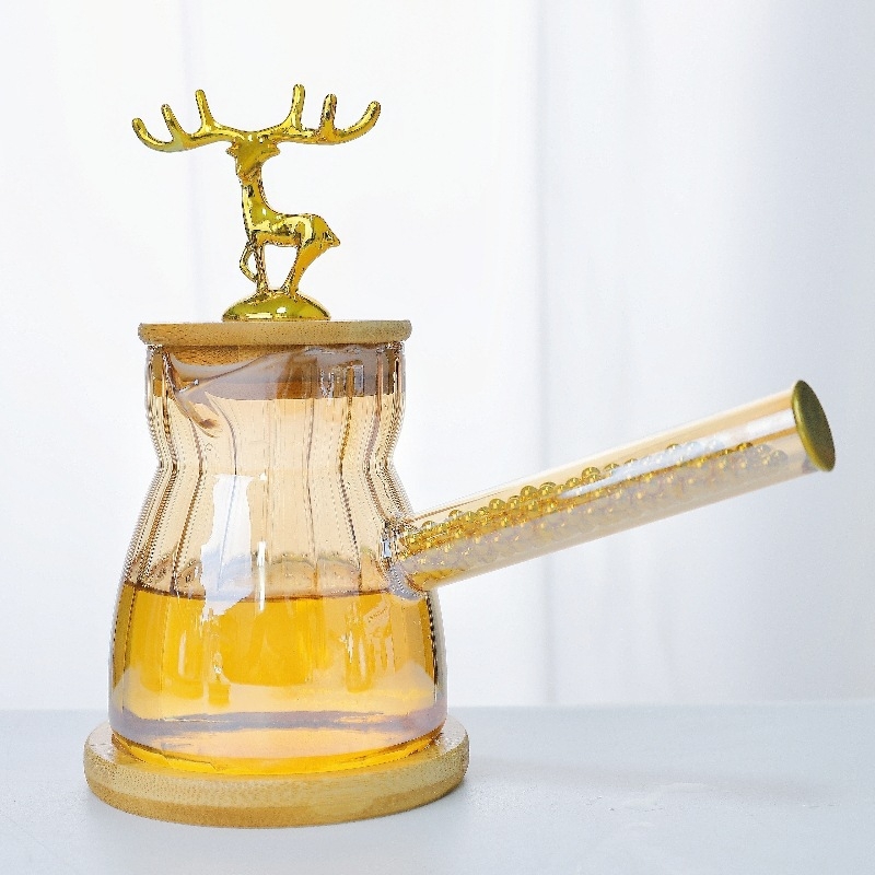 Sticlă borosilicată pentru cafea la filtru, cu mâner lateral și capac din bambus