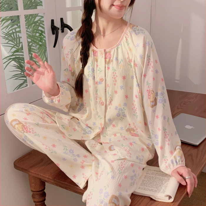 Sada dámskych pyžám s cardiganom s okrúhlym výstrihom a výstuhami na hrudi, z materiálu cloud cotton, s dlhými rukávmi a nohavicami, pohodlný domáci outfit