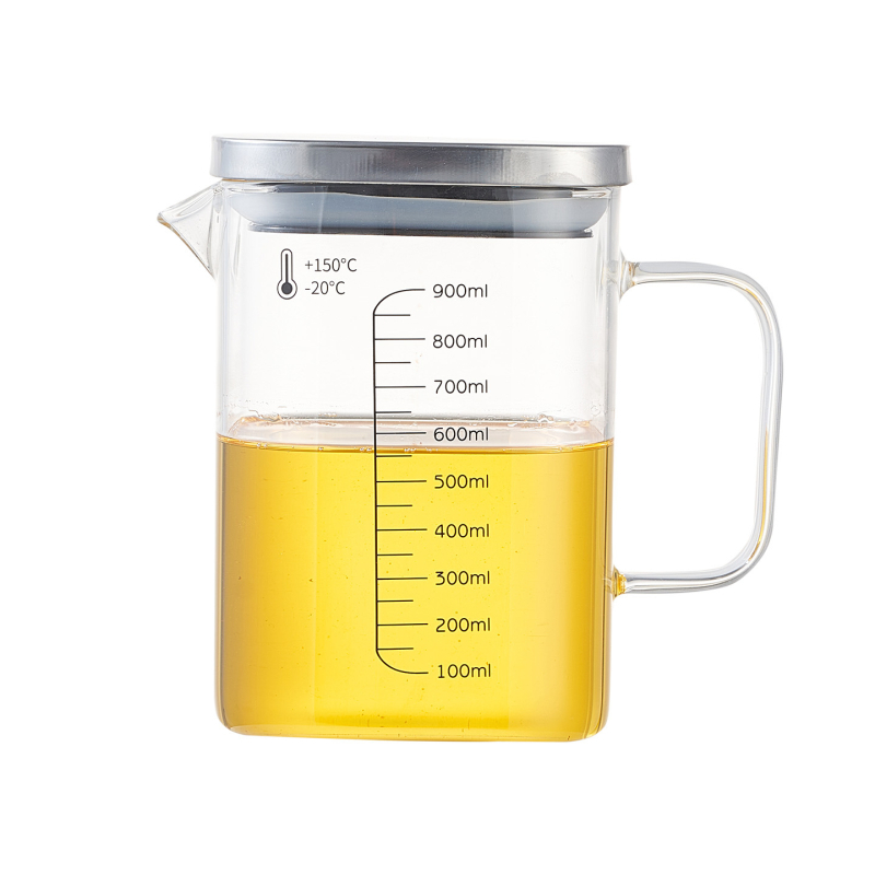 Recipient pentru ulei din sticlă borosilicată, cu mâner, rezistent la temperaturi înalte, măsurătoare pătrată cu capac, pentru ulei și ceai.
