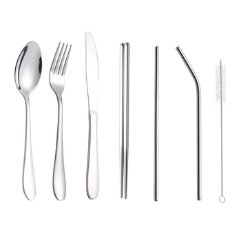 Set din oțel inoxidabil cuțit, furculiță și lingură pentru picnic în aer liber, în geantă cu fermoar; include bețișoare, pai și perie de curățare, 8 piese, set de masă portabil