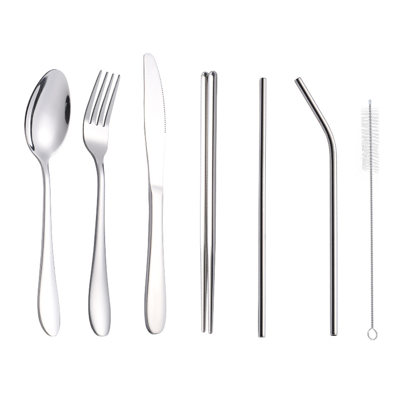 Set din oțel inoxidabil cuțit, furculiță și lingură pentru picnic în aer liber, în geantă cu fermoar; include bețișoare, pai și perie de curățare, 8 piese, set de masă portabil