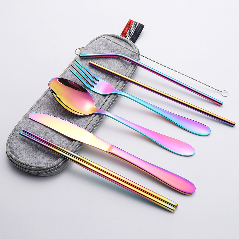 Set din oțel inoxidabil cuțit, furculiță și lingură pentru picnic în aer liber, în geantă cu fermoar; include bețișoare, pai și perie de curățare, 8 piese, set de masă portabil