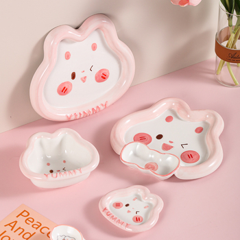 Set ceramic pentru copii cu iepurașul drăguț Yami, bol de orez cu mâner, farfurie pentru găluște, pictură manuală sub glazură