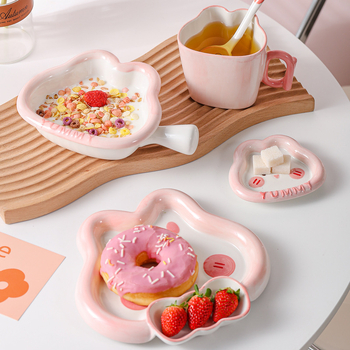 Set ceramic pentru copii cu iepurașul drăguț Yami, bol de orez cu mâner, farfurie pentru găluște, pictură manuală sub glazură