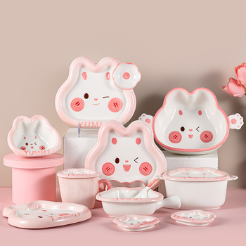 Set ceramic pentru copii cu iepurașul drăguț Yami, bol de orez cu mâner, farfurie pentru găluște, pictură manuală sub glazură