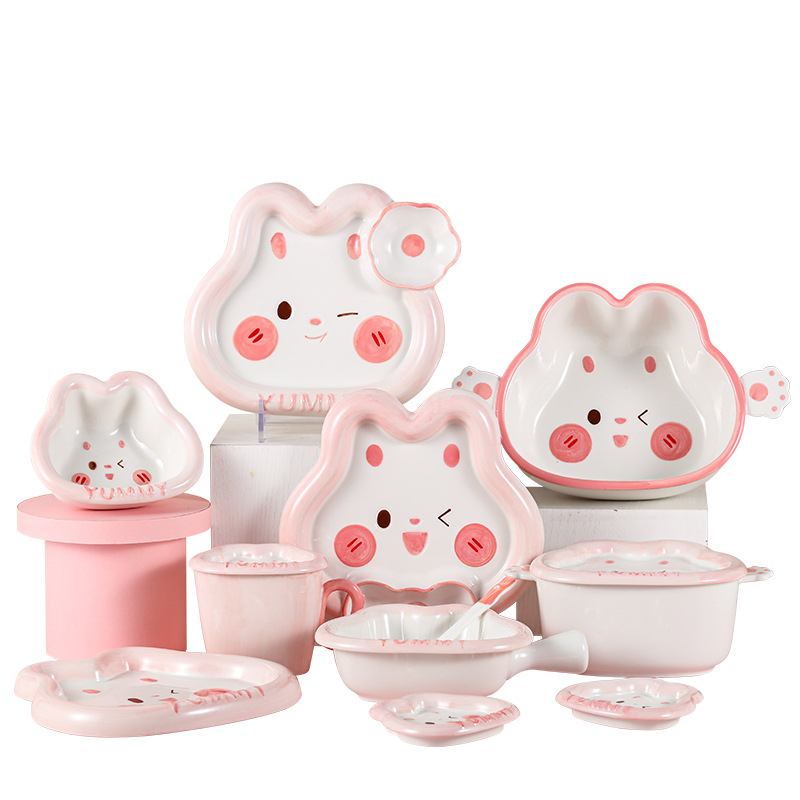 Set ceramic pentru copii cu iepurașul drăguț Yami, bol de orez cu mâner, farfurie pentru găluște, pictură manuală sub glazură