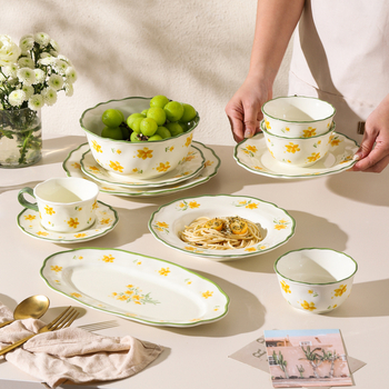 Set de veselă din porțelan cu glazură Narcissus Lily, stil pastoral – bol de orez, bol de supă, farfurie