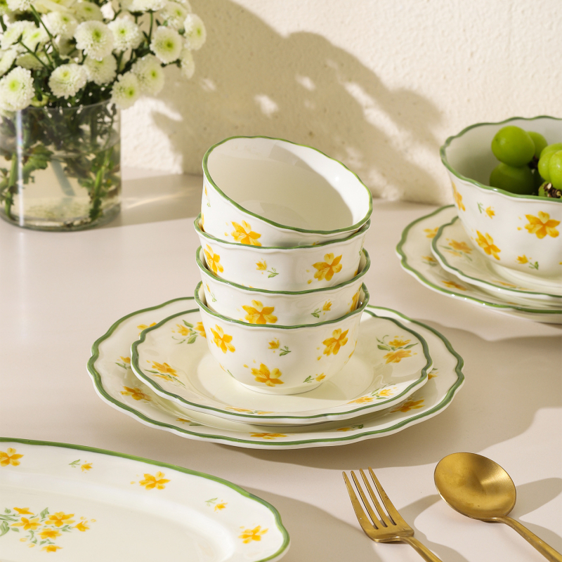 Set de veselă din porțelan cu glazură Narcissus Lily, stil pastoral – bol de orez, bol de supă, farfurie