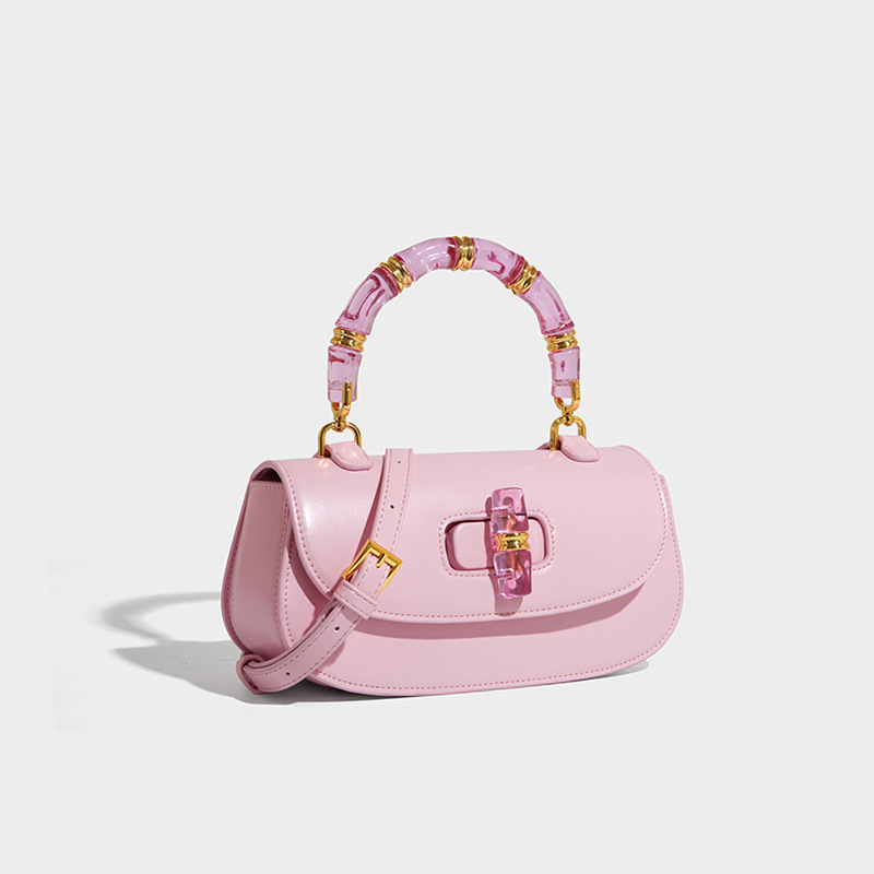 Kristalna torbica tip sedlo s bambus detaljem, svestrana mala ženska torbica, novi model 2025, minimalistički i elegantan stil, za rameno ili crossbody nošenje
