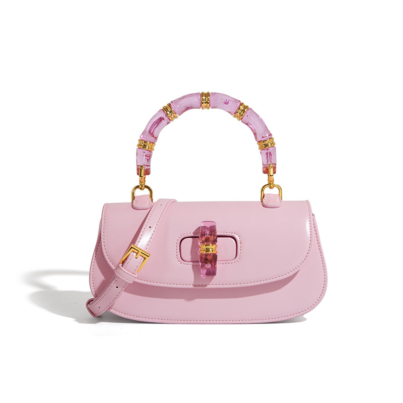 Kristalna torbica tip sedlo s bambus detaljem, svestrana mala ženska torbica, novi model 2025, minimalistički i elegantan stil, za rameno ili crossbody nošenje