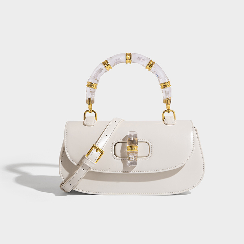 Kristalna torbica tip sedlo s bambus detaljem, svestrana mala ženska torbica, novi model 2025, minimalistički i elegantan stil, za rameno ili crossbody nošenje