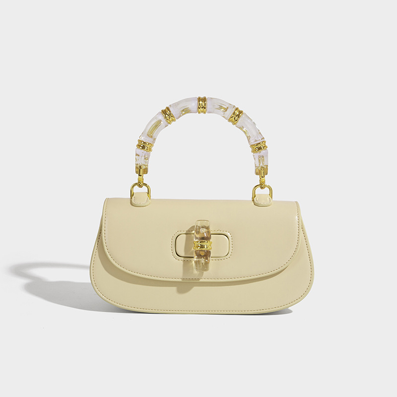 Kristalna torbica tip sedlo s bambus detaljem, svestrana mala ženska torbica, novi model 2025, minimalistički i elegantan stil, za rameno ili crossbody nošenje