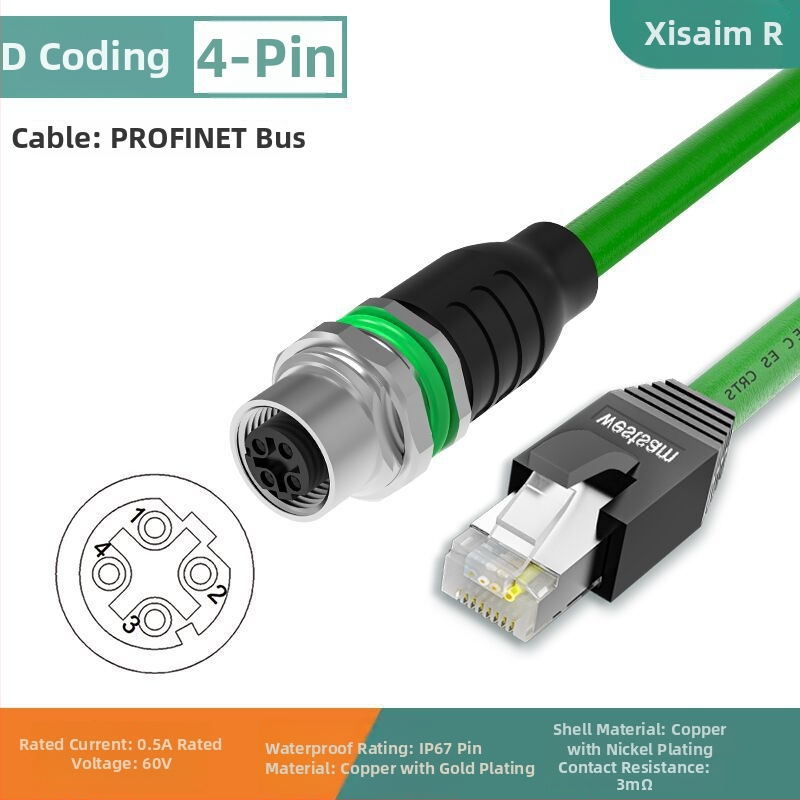 Conector cablu Fieldbus pentru Ethernet industrial CAT5e, verde, M12-4 pini, codare D către RJ45