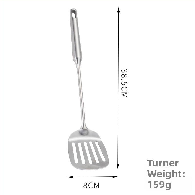 Set de 6 ustensile de bucătărie din oțel inoxidabil 304: spatulă, spatulă pentru prăjit, lingură, lingură cu găuri și încă două unelte de bucătărie.