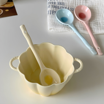 Lingură ceramică cu mâner lung, stil Instagram, pentru uz casnic, lingură drăguță de desert pentru ovăz și iaurt