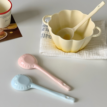 Lingură ceramică cu mâner lung, stil Instagram, pentru uz casnic, lingură drăguță de desert pentru ovăz și iaurt