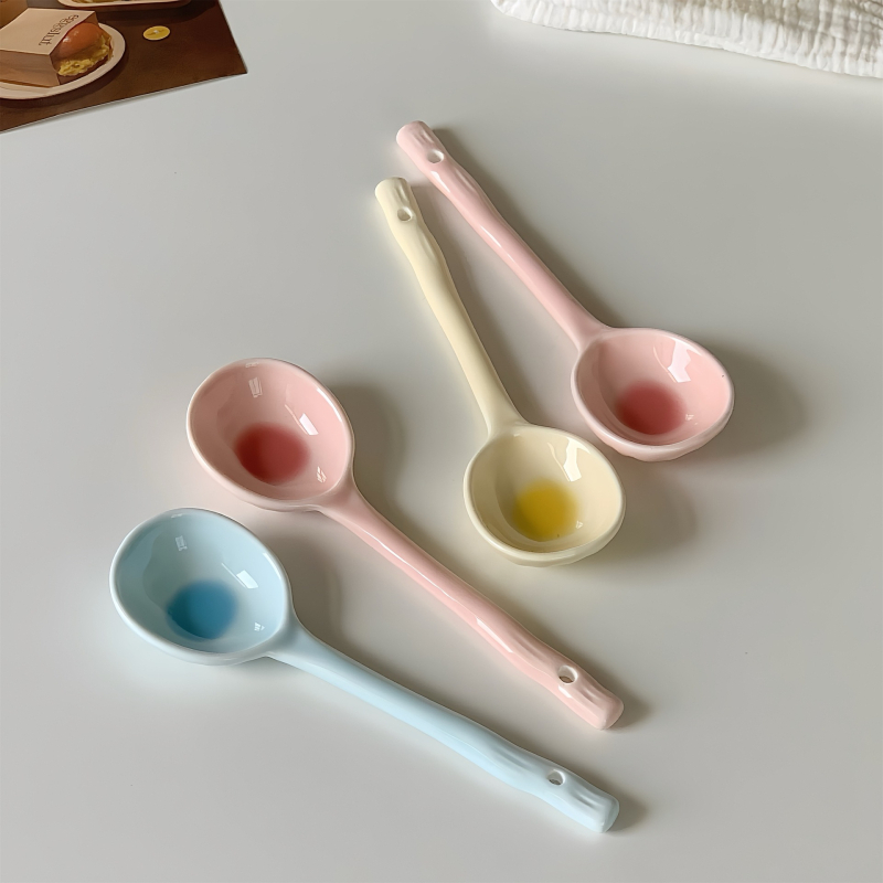 Lingură ceramică cu mâner lung, stil Instagram, pentru uz casnic, lingură drăguță de desert pentru ovăz și iaurt