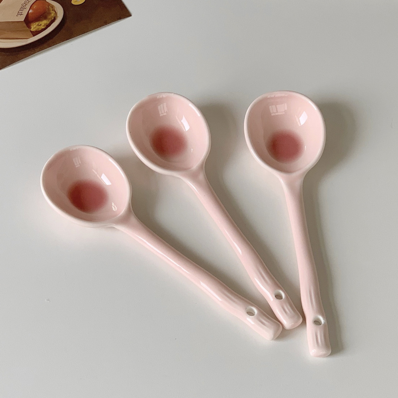 Lingură ceramică cu mâner lung, stil Instagram, pentru uz casnic, lingură drăguță de desert pentru ovăz și iaurt
