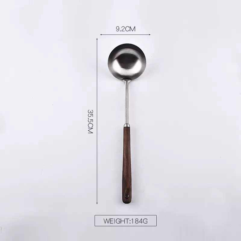 Set de ustensile de bucătărie din oțel inoxidabil 304, cu mâner din lemn, spatule pentru prăjit, spatulă pentru ciuperci, lingură cu găuri și lingură de supă