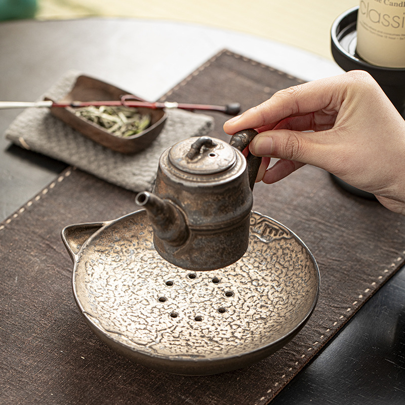 Set ceramic pentru ceremonia ceaiului în stil Zen, inspirat de wabi-sabi: suport pentru ceainic, tavă de servire ceai, recipient pentru depozitarea apei și plăcuță pentru infuzare uscată