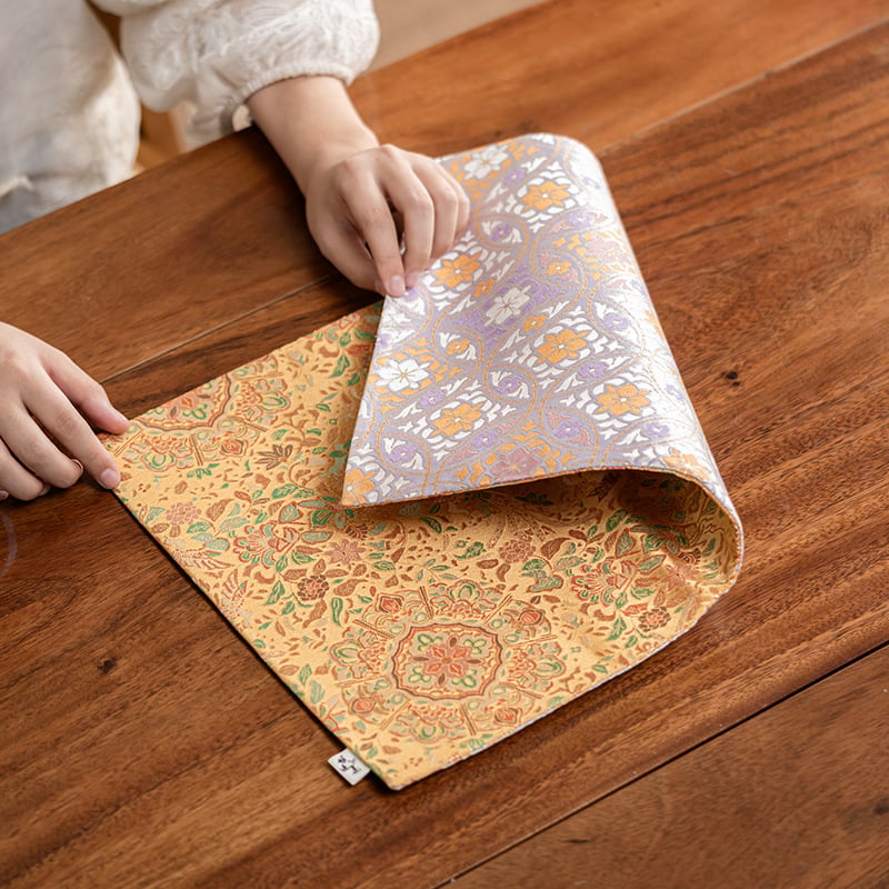 Covoraș de masă pentru ceai, dreptunghiular, broderie brocart auriu cu doi fenix, gros, izolație termică pentru ceai și suport pentru ceainic, accesorii textile