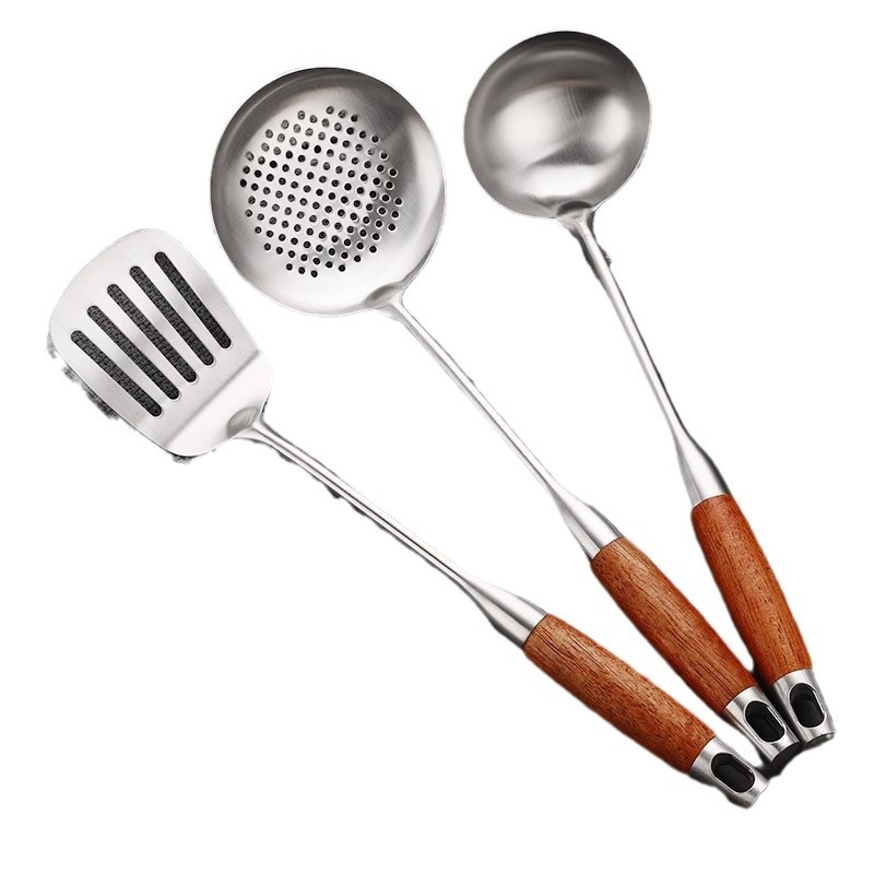 Set de șase unelte de bucătărie din oțel inoxidabil 304, cu mânere din rosewood, include lingură de supă, lingură cu sită, spatulă și lingură pentru tăiței