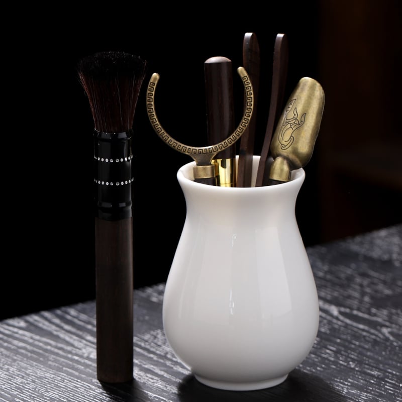 Set de ceremonie a ceaiului din porțelan de jad, cu unelte din lemn ebony – șase piese, accesorii Kung Fu pentru ceai, inclusiv ac, cuțit, lingură, perie pentru ceainic și alte accesorii pentru ceai