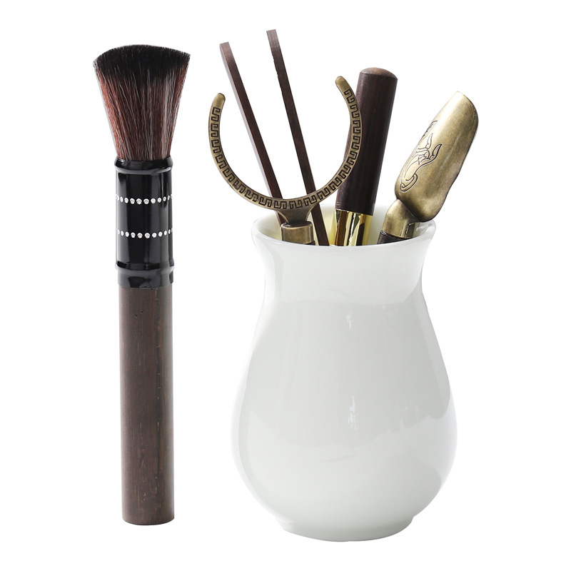 Set de ceremonie a ceaiului din porțelan de jad, cu unelte din lemn ebony – șase piese, accesorii Kung Fu pentru ceai, inclusiv ac, cuțit, lingură, perie pentru ceainic și alte accesorii pentru ceai