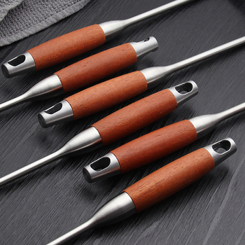 Set de ustensile de bucătărie din oțel inox cu mânere din rosewood — spatulă, lingură de supă, lingură cu găuri, sită
