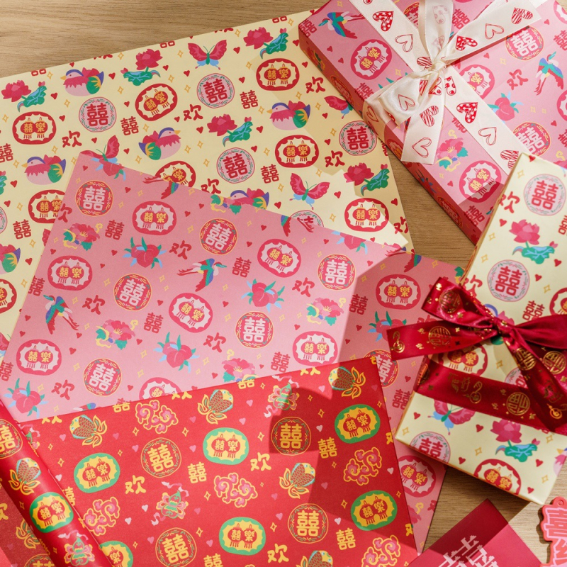 Meow Shu 6 bucăți hârtie de împachetat cadouri roșie pentru nunți – stil național festiv, 50×70 cm