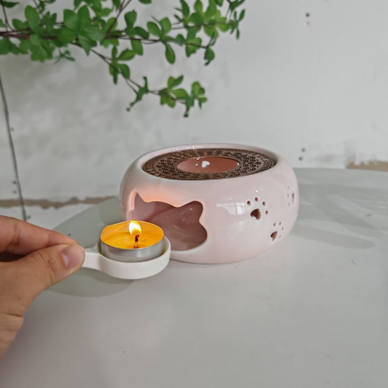Bază roz din ceramică pentru încălzirea ceaiului cu arzător de lumânare, pentru uz casnic, menține ceaiul cald