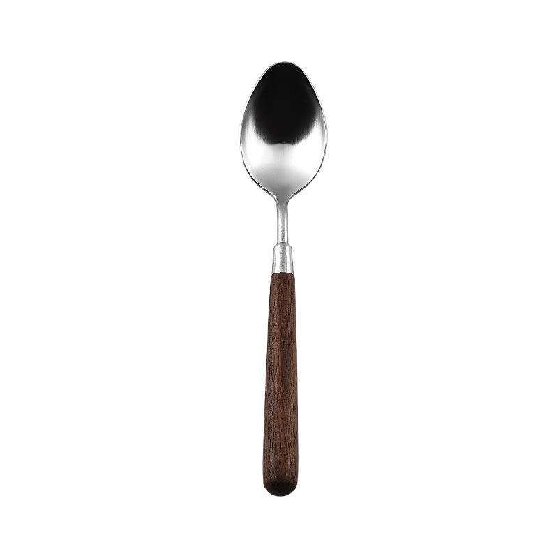 Set de tacâmuri occidentale din oțel inoxidabil 304, cu mânere din lemn de nuc, pentru uz casnic, hotelier și restaurant. Include cuțit pentru steak, furculiță, lingură și set de furculiță și lingură de desert.