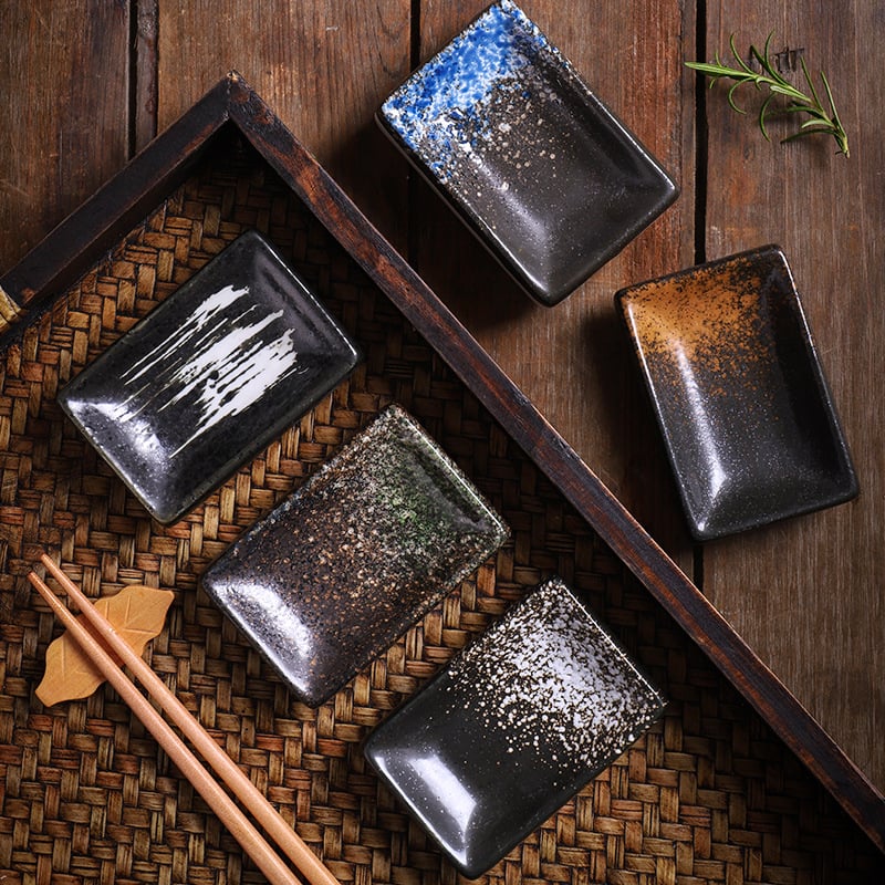 Vas porțelan stil Japonez și Coreean pentru condimente, farfurii ceramice pătrate pentru sos, 16–17 cm