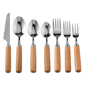 Set de tacâmuri cu mâner din lemn de cauciuc, cuțit, furculiță și lingură, din oțel inoxidabil 304, stil occidental