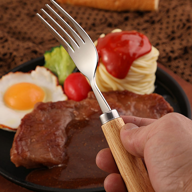 Set de tacâmuri cu mâner din lemn de cauciuc, cuțit, furculiță și lingură, din oțel inoxidabil 304, stil occidental