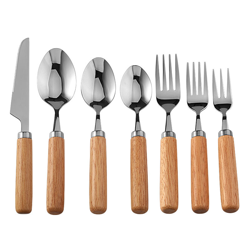 Set de tacâmuri cu mâner din lemn de cauciuc, cuțit, furculiță și lingură, din oțel inoxidabil 304, stil occidental