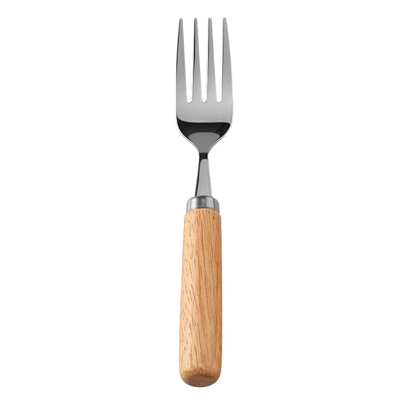 Set de tacâmuri cu mâner din lemn de cauciuc, cuțit, furculiță și lingură, din oțel inoxidabil 304, stil occidental