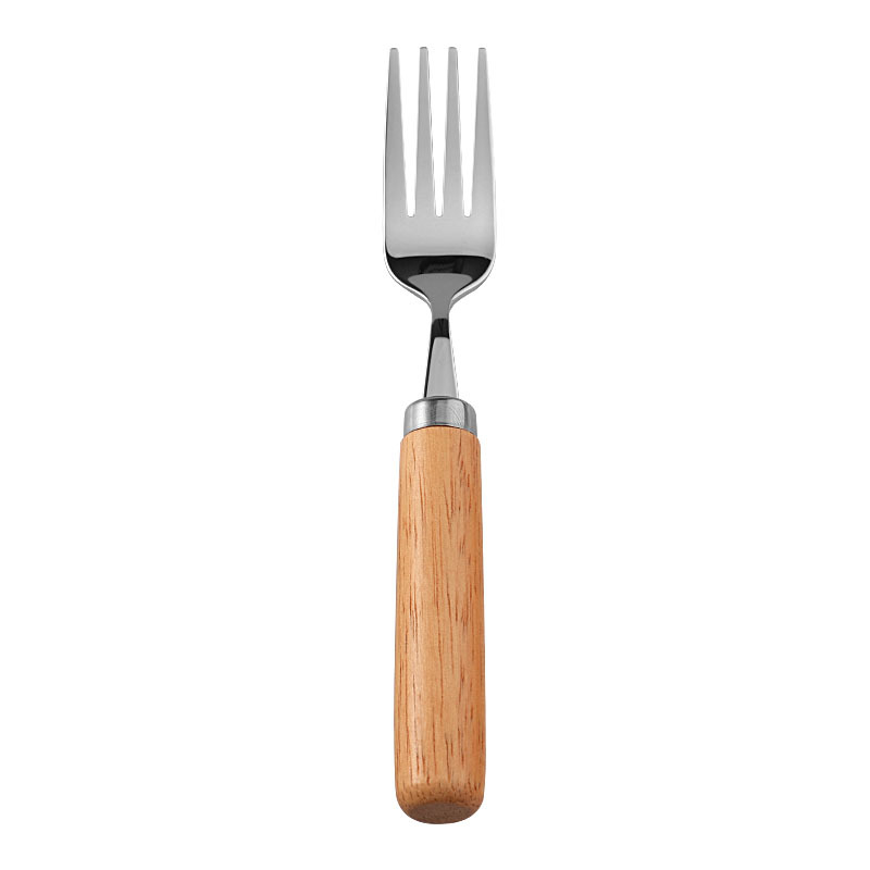 Set de tacâmuri cu mâner din lemn de cauciuc, cuțit, furculiță și lingură, din oțel inoxidabil 304, stil occidental